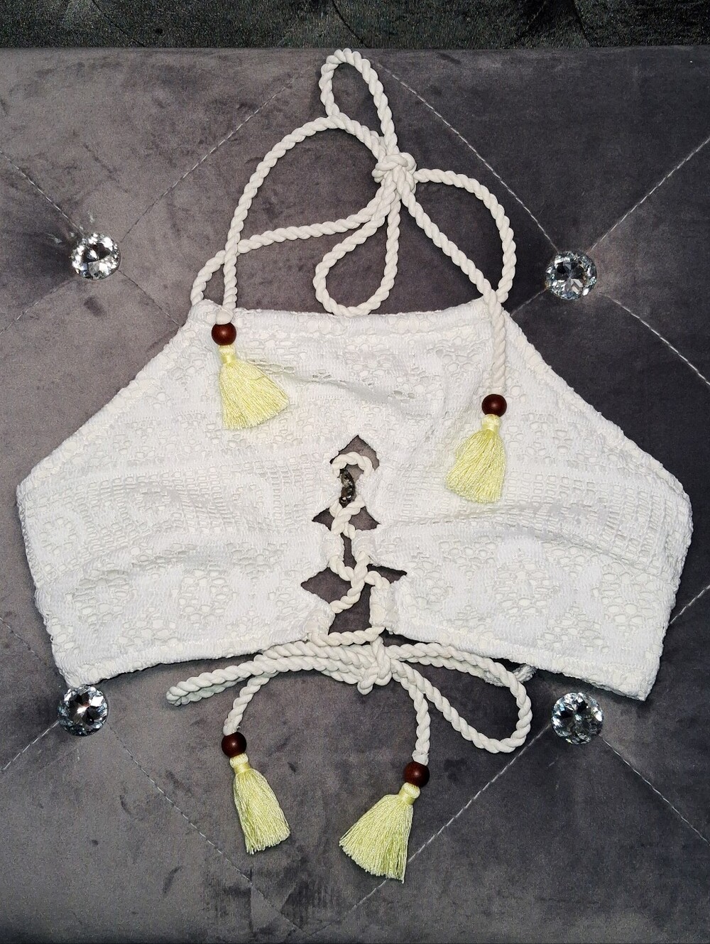 Victoria's Secret White Lace Halter Bikini Yellow Tassels Rope Tie Top Swimwear